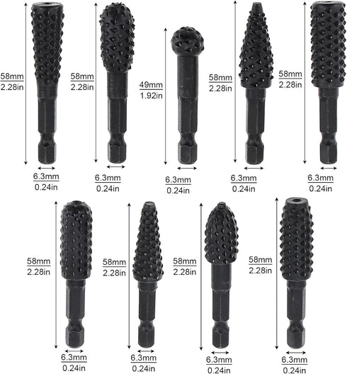 10pcs Rotary Burr Wood Carving Rasp Files Set for Woodworking Carving & Rubber Deburring, Shaping and Grooving, with 1/4" Hex Shank Wood Carving R...