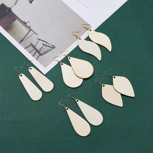SUNNYCLUE 300Pcs 5 Shapes Unfinished Wooden Earrings Blanks Kit Unfinished Wood Large Charms Pendants Blank with Hole with 100Pcs Earring Hooks 10...