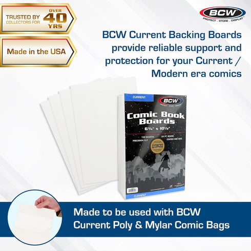BCW Current Comic Book Backing Boards - 100 Pack | 24 pt., Coated, Buffered with 3% Calcium Carbonate | Precision Cut for Current Comic Bags | Lon...