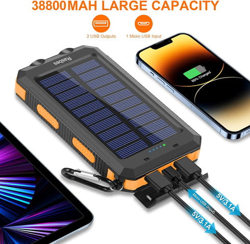 Solar Charger, Portable 38800mAh Solar Power Bank IPX5 Waterproof with Built-in Solar Panel Charger and LED Flashlight, Solar Phone Charger Batter...