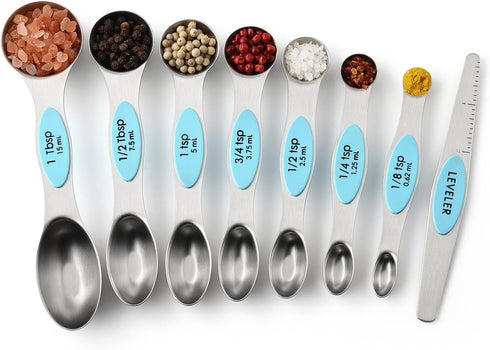 Spring Chef Stainless Steel Magnetic Measuring Spoons Set of 8 with Leveler, Nesting Metal Teaspoon & Tablespoon Measuring Spoons, Fits in Spice J...
