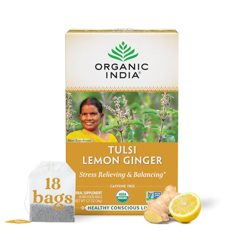 ORGANIC INDIA Tulsi Lemon Ginger Tea Bags - Herbal Tea, Stress Relieving & Reviving, Immune Support, Aids Digestion, Vegan, USDA Certified Organic...