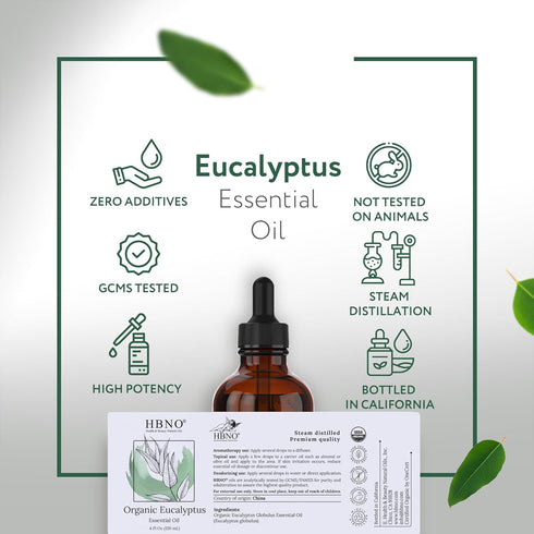 HBNO® California Bottled Organic Eucalyptus Essential Oil (Globulus) 4 fl oz (120ml) - USDA Certified Organic Eucalyptus Oil for Diffuser, Ideal E...