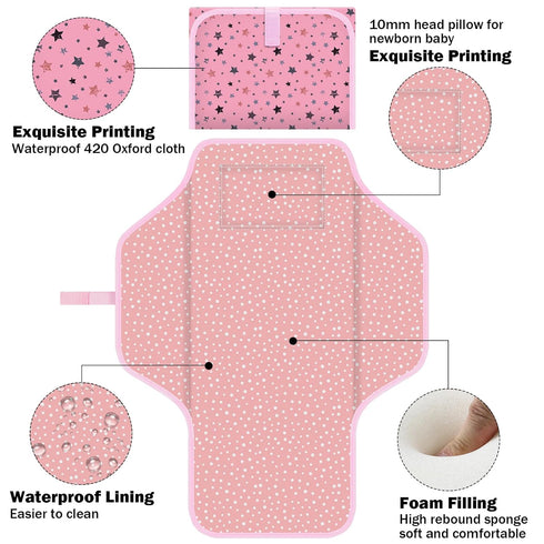 Baby Portable Diaper Changing Pad, Foldable Travel Diapering Changing Mat with Built-in Pillow, Waterproof Compact Changing Pad for Newborn Baby C...