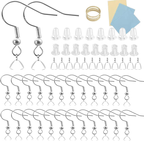 925 Siver Earring Hooks, Hypoallergenic Earring Hooks,160Pcs Earring Making Kit with Earring Hooks and 2 Different Clear Silicone Earring Backs fo...