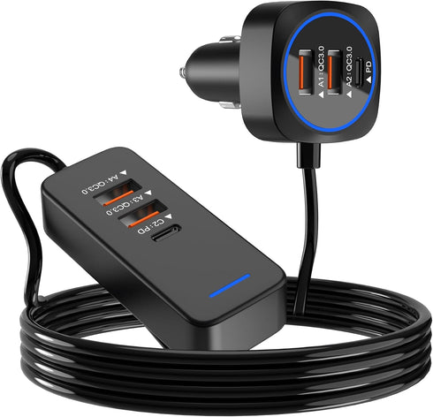 Car USB Charger Multi Port with 5.9FT Extension, QC3.0 76W Fast Charging Cigarette Lighter USB C Charger Adapter Multiple Ports for Mobile Phones ...