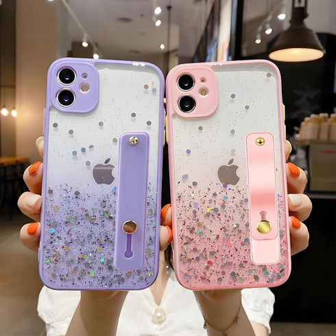 siduater Strap Holder Case for 6.1" iPhone 12 with Wristband Kickstand, Bling Glitter Sparkle Clear Cover Soft TPU Bumper Adjustable Hand Grip Loo...