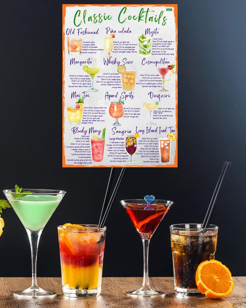 Classic Cocktails Recipes Magnetic Chart A4 Format - Kitchen Pub Wall and Fridge Decor Stylish Colourful Informative Magnet Milliliters and Ounces...