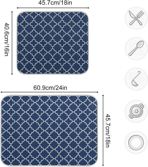 Super Absorbent Dish Drying Mat Microfiber Fast-Drying Dish Mat 16" x 18" Kitchen Dish Drying Pad Watercolor Cute Navy Blue Moroccan...