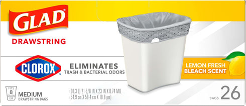 Glad Trash Bags, Medium Drawstring Garbage Bags with Clorox, 8 Gallon, Lemon Fresh Bleach Scent, 26 Count...