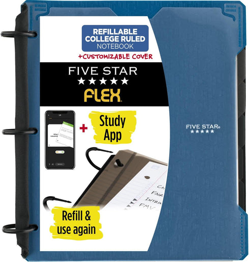 Five Star Flex Refillable Notebook + Study App, 1 Inch Binder with Customizable Cover, College Ruled Notebook and 3 Ring Binder, Hybrid NoteBinder...