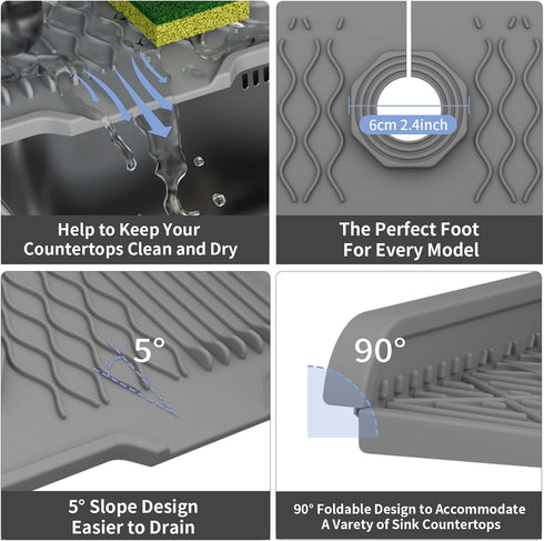 Kitchen Sink Splash Guard, Silicone Draining Mat Kitchen Faucet, 90° Foldable Design to Accommodate a Variety of Sink Countertops Gray(25* 5.9)...