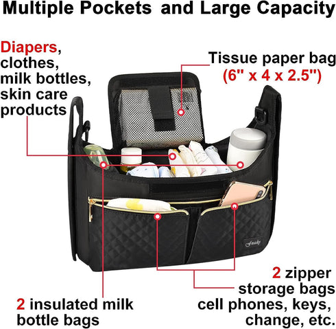 Universal Stroller Organize with Insulated Cup Holder,Diaper Storage, Baby Stroller Organizer Fits for Stroller like Uppababy, Baby Jogger, Britax...