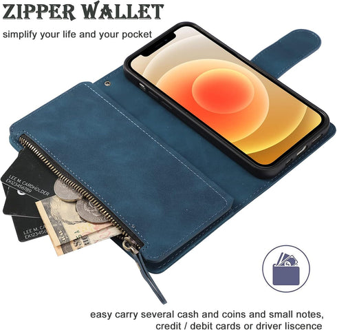 RANYOK Wallet Case Compatible iPhone 12 Pro Max (6.7 inch), Premium PU Leather Zipper Flip RFID Blocking Wallet with Wrist Strap Magnetic Closure ...