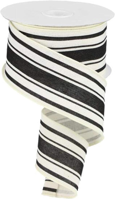 Farmhouse Stripe on Cotton Wired Edge Ribbon - 2.5 Inches x 10 Yards (Ivory, Black)...