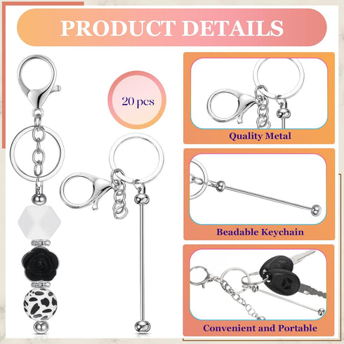 20 Pcs Beadable Keychain Bars Metal Beaded Blank Keychains Charms DIY Keychain Supplies Bulk for DIY Pendant Jewelry...