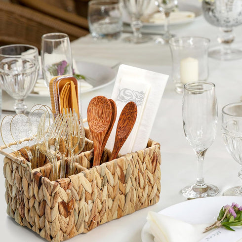 Wicker Flatware Organizer, Woven Divided Utensil Caddy, Water Hyacinth Cutlery Holder, Picnic Silverware Flatware Storage Basket Carrier with Hand...