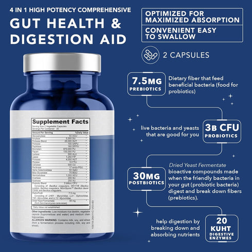 4-in-1 Prebiotic Probiotic & Postbiotic for Women & Men, Complete Gut & Digestive Support Supplement, Pre Post Probiotics & Digestive Enzymes 60 c...