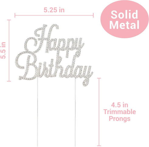 Happy Birthday Cake Topper - Premium Silver Metal - Happy Birthday Party Sparkly Rhinestone Decoration Makes a Great Centerpiece - Now Protected i...