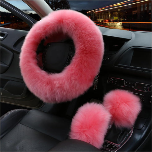 3PCS Wool Steering Wheel Cover with Fuzzy Handbrake Cover & Gear Shift Cover, Universal 15 Inch Steering Wheel Fluffy Soft Protector, Comforting W...