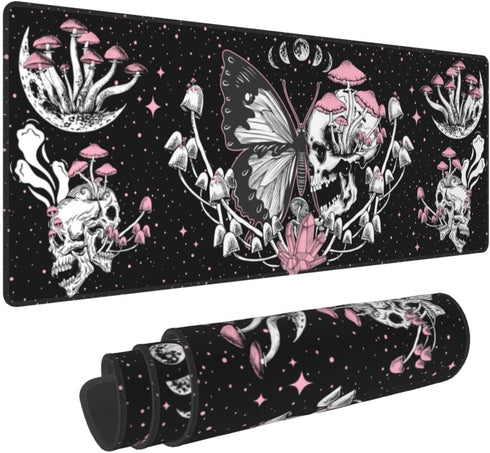 Skull Hippie Mushroom Moth Moon Gaming Mouse Pad XL, Large Extended Mousepad Desk Pad, Long Nonslip Rubber Mice Mats Stitched Edges Playmat for Of...