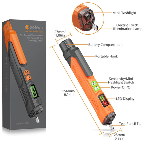Neoteck Voltage Tester/Non Contact Voltage Tester 12-1000V/48V-1000 Adjustable Sensitivity AC Voltage Detector Tester Pen Live/Null Wire Tester wi...