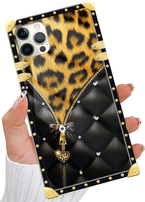 DAIZAG Case Compatible with for iPhone 15 Pro Max Case Black Butterfly Zipper Leopard Phone Case Golden Square Shockproof Phone Case Gift for Wome...