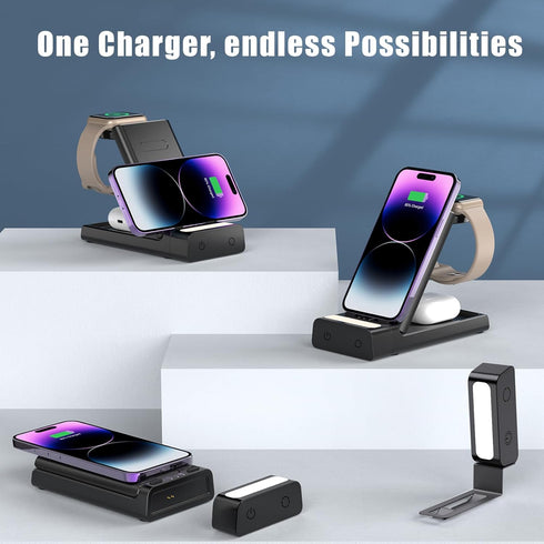 Wireless Charging Station for Apple Devices, 3 in 1 Charging Station Apple with Book Light, Portable iPhone Wireless Charger for iPhone 15 Pro Max...
