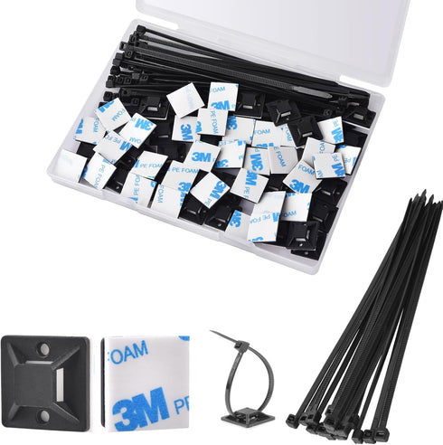 Strong Back-Glue Self Adhesive Cable Zip Tie Mounts Kit - 100 Set Cable Management Clips with 6" Zip Ties, Wire Holders - Outdoor Sticky Wire Orga...