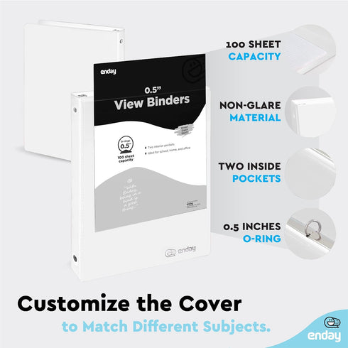 ½ Inch 3 Ring Binder .5 inch White Clear View Cover with 2 Inside Pockets, Colored School Supplies Office and Home Binders – by Enday...
