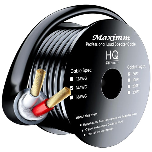 Maximm in Wall Speaker Wire - 50 Feet, Black - 14AWG CL3 Rated 2-Conductor Wire 14/2 (Copper Clad Aluminum)...