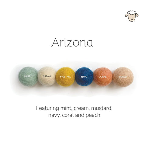 "Arizona" Handmade Wool Felt Ball Garland by Sheep Farm Felt- Coral, Mint, Navy, Mustard, Peach & Cream Felt Ball Garland, Pom Pom Garland. 1 inch...