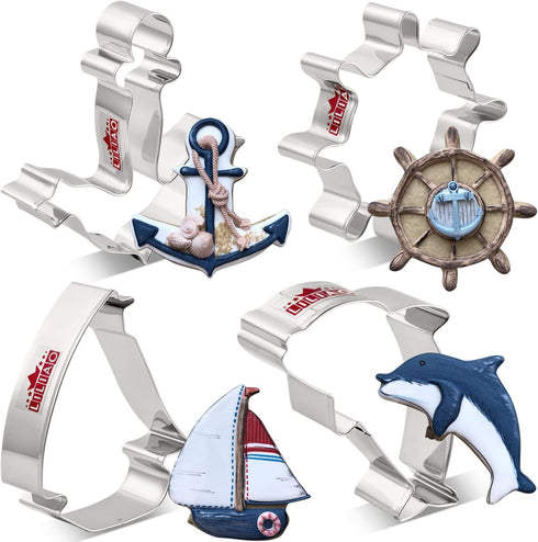 LILIAO Nautical Cookie Cutter Set - 4 Piece - Anchor, Sailboat, Rudder and Dolphin Biscuit Fondant Cutters - Stainless Steel...
