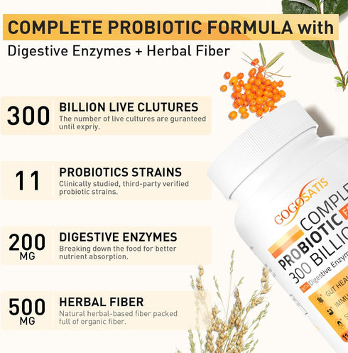 Probiotics for Women & Men, 300 Billion CFU 11 Strains, Probiotic with Organic Herbal & Digestive Enzymes, Shelf Stable Probiotic for Gut Digestiv...