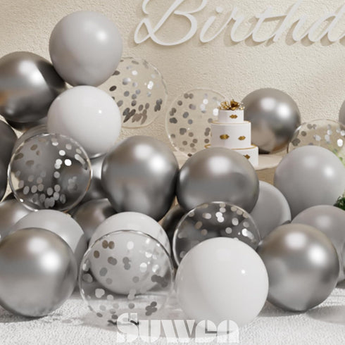 SUWEN 60PCS Metallic Silver Confetti Balloons Set Latex Helium Chrome Silver Balloon for Birthday New Year Baby Shower Wedding Party Decorations...