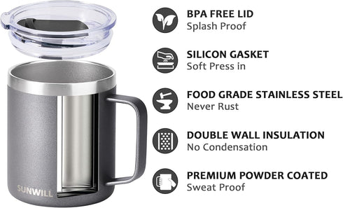 SUNWILL Travel Coffee Mug with Lid, Insulated Tumbler with Handle, 14 oz Stainless Steel Cup for Ice, Water, Tea, Powder Coated Cool Grey...