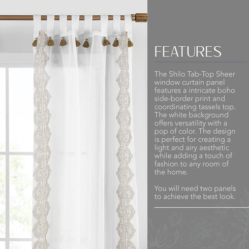Elrene Home Fashions Shilo Sheer Boho Tab-Top Window Curtain Panel with Tassels, Linen, (52 X 84)...