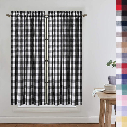 CAROMIO Cafe Curtains 45 Inch Length, Buffalo Plaid Gingham Pattern Rod Pocket Half Window Curtains for Kitchen Bathroom Window Curtain, Black and...