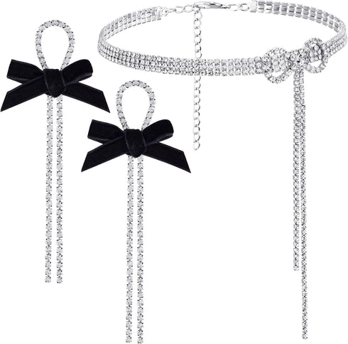PAGOW 3pcs Rhinestone Silver Necklace Choker, Sparkly Crystal Bling Black Bowknot Earring Pendant Set Diamond Chain Nightclub Wedding Brithday Par...
