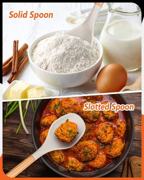 Large Silicone Cooking Spoons, 2 Pack Nonstick Solid and Slotted Wooden handle Spoon Set, Heat Resistan Silicone Kitchen Spoons for Cooking, Servi...