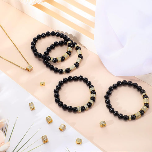 Yinkin 40 Pieces Zircon Rhinestone Beads Tube Column Pave Bead Charms Cubic Zirconia Big Hole Spacer Jewelry Bracelet Connector Crystal for DIY(Go...