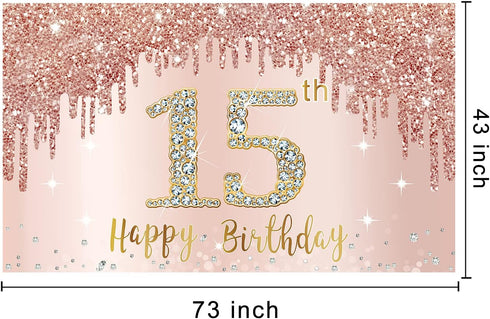 Happy 15th Birthday Banner Backdrop Decorations for Girls, Rose Gold 15 Birthday Party Sign Supplies, Pink 15 Year Old Birthday Poster Background ...