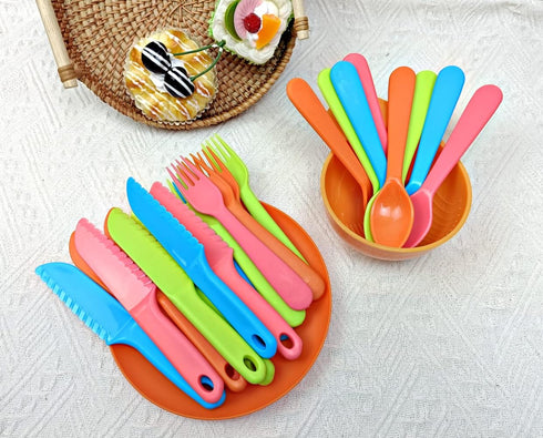 Kids Cutlery Set - Jawbush 9 Pcs Plastic Toddler Utensils Forks and Spoons with Knives for School Lunch Box Camping or Travel, Reusable Kids Silve...