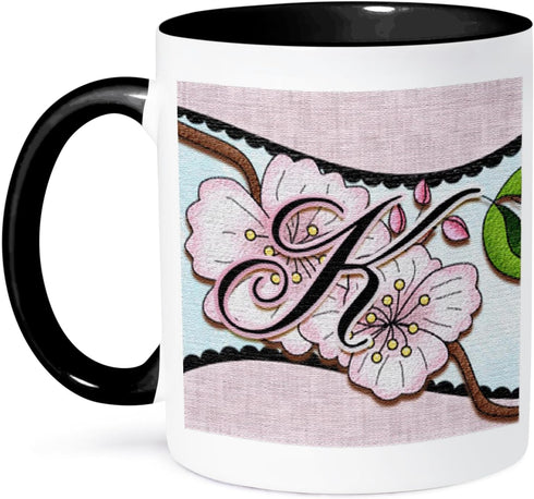 3dRose Cherry Blossom Flower Monogram Initial K Two Tone Mug, 11 oz, Black/White...