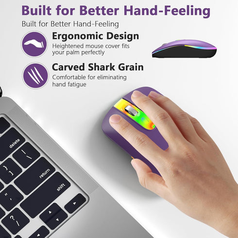 HZD LED Wireless Mouse, Slim Silent Rechargeable Mouse, 2.4G Portable USB Optical Mouse with Type C Adapter, 3 Adjustable DPI Levels 1600/1200/800...