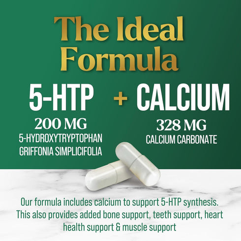 5 HTP Supplement Vegetarian Capsules 200mg 5HTP Plus Calcium for Brain Support - Extra Strength Griffonia Simplicifolia 5-HTP Formula - 5 Hydroxyt...