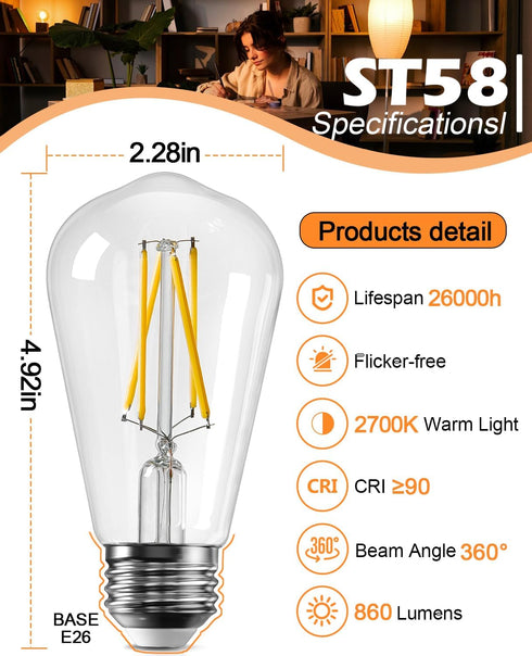 Energy-saving E26 LED Bulb 60 Watt Vintage LED Edison Bulbs Warm White 2700K High Brightness, ST58 Bathroom Light Bulbs with 90+ CRI Non Dimmable ...
