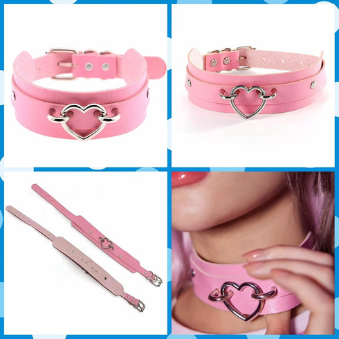 3Pcs Leather Choker Collar Set,Heart Chain Necklace + Wide Wrist Bracelets Combo Punk Gothic Cosplay Jewelry Gift for Women...