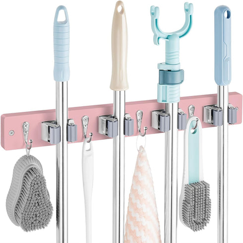 Pink Mop Broom Holder Wall Mount with 4 Slots & 4 Hooks - Wood Broom Mop Hanger for Pantry Closet Laundry Room Kitchen Organization - Pink Kitchen...