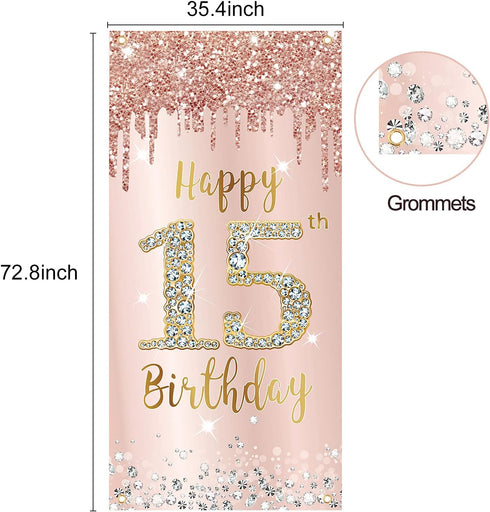 Happy 15th Birthday Door Banner Decorations for Girls, Pink Rose Gold 15 Birthday Party Backdrop Door Cover Sign Supplies, Fifteen Year Old Birthd...